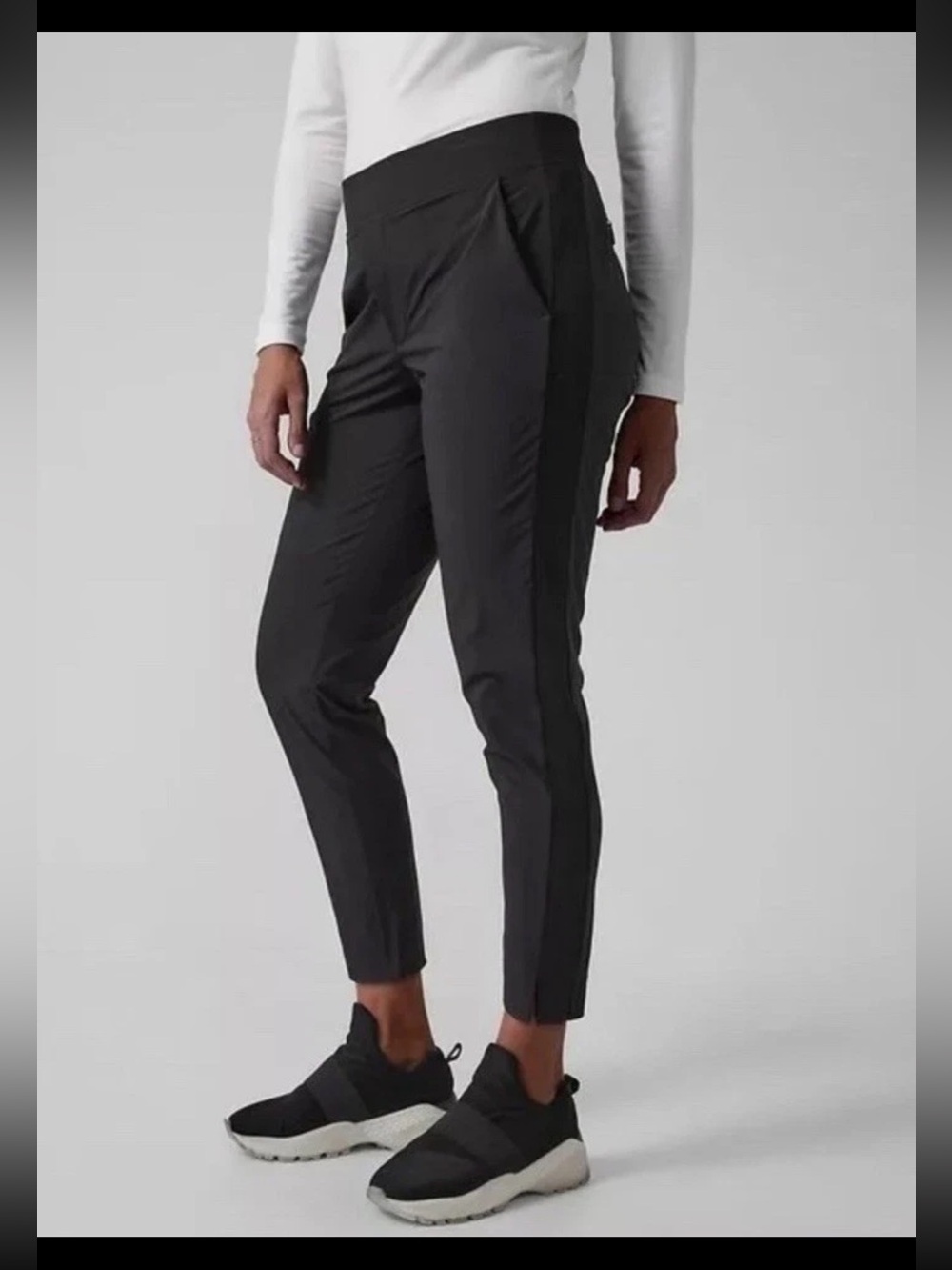 Athleta BROOKLYN HIGH RISE ANKLE PANT Rib Knit Side Panels Tailored Sz 8 Black
